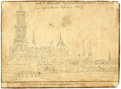 202795 Gezicht op de stad Utrecht, uit het westen (in spiegelbeeld!), met van links naar rechts de Domtoren en Domkerk, ...